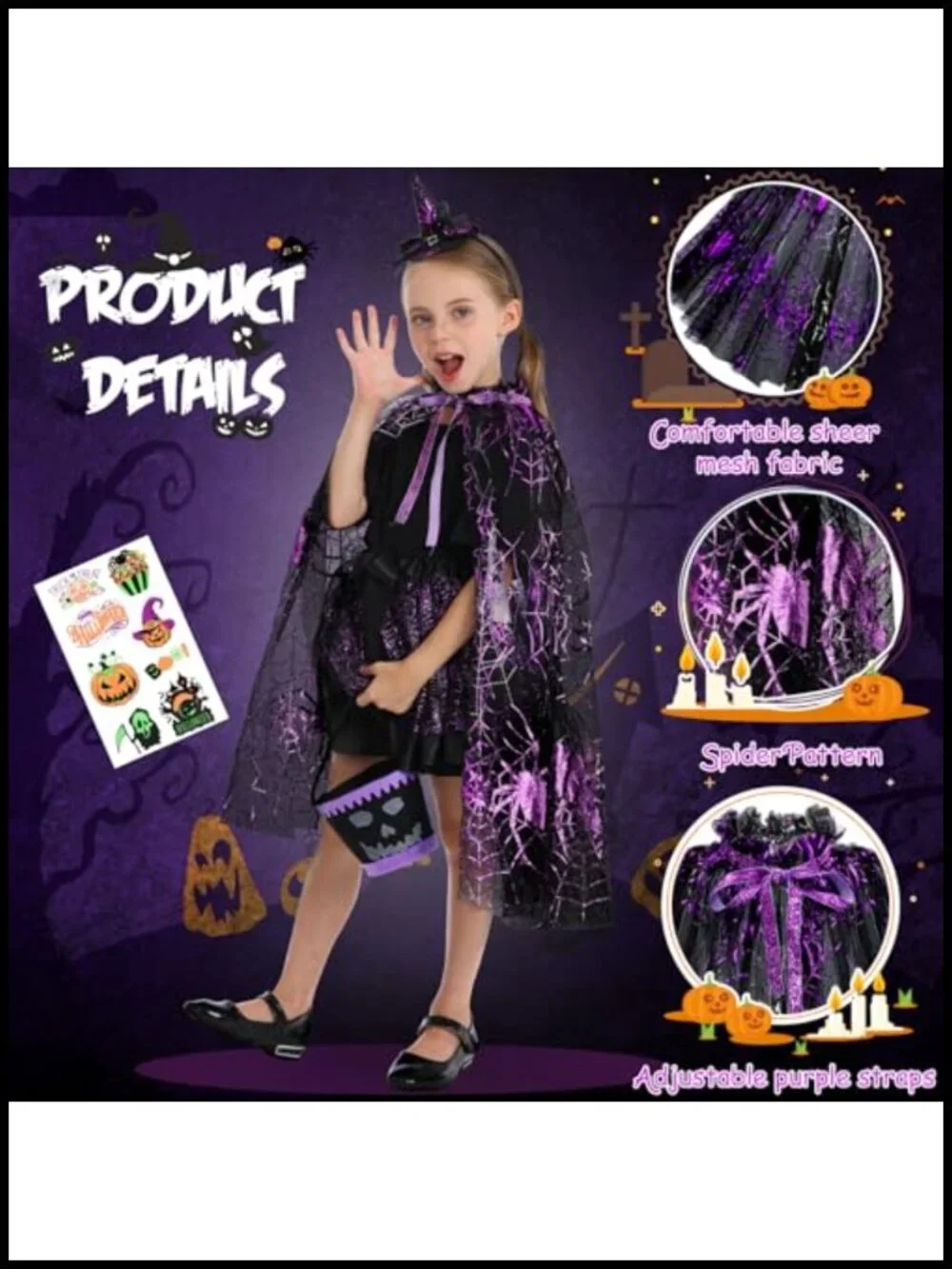 Girls Spider Witch Halloween Costume Set with Light Up Tutu Cape and Trick or